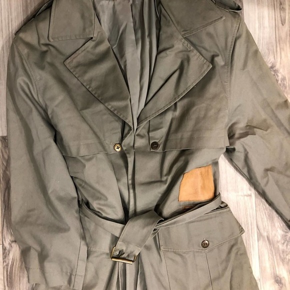 TOGETHER Women’s 16 Vintage Military Style Trench Coat Fatigue Green & Leather - Picture 8 of 9